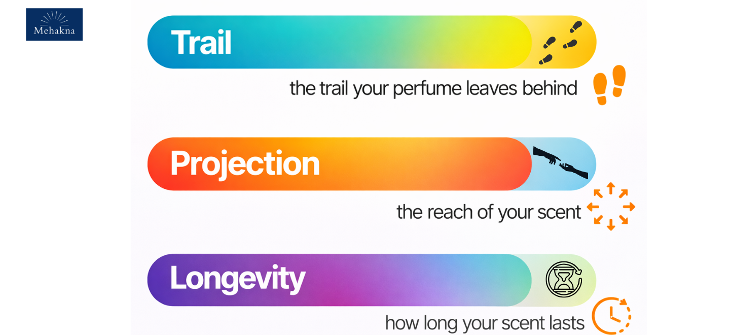 Difference between Perfume Projection vs Trail (Sillage) vs Longevity