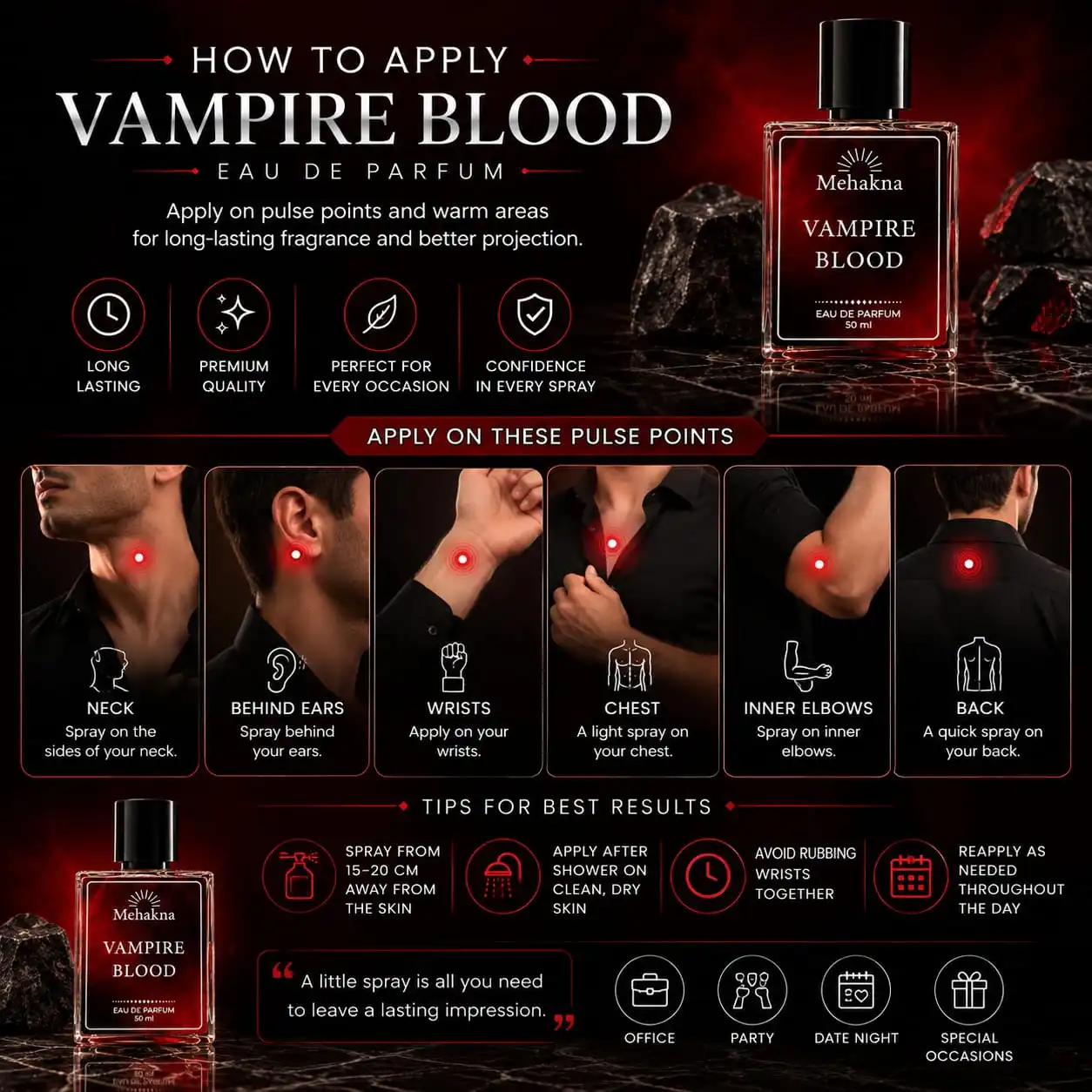 Vampire Blood perfume by Mehakna application guide, long lasting, premium quality, pulse points to apply, neck, wrists, behind ears